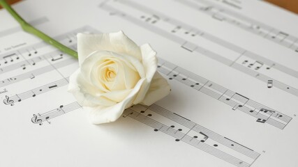 Single white rose delicately placed atop sheet music, elegant,musical score