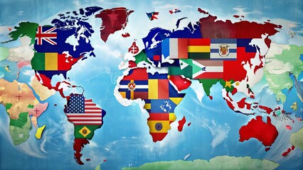 Obraz premium Global Nations Unity: Flags, Symbols, World Map, International Cooperation, Diverse Cultures, National Pride, Patriotism, World Peace, International Relations