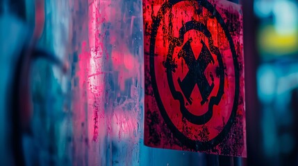Close-up of redacted warning sign featuring biohazard symbol, highlighting health risks and safety precautions in professional context.