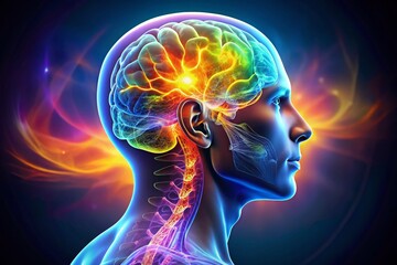 Obraz premium Glowing Brain Anatomy: Panoramic X-Ray Head Illustration