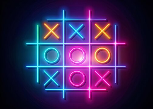 Glowing Neon Tic Tac Toe Game Illustration with X-O Symbols for Technology Videos, Perfect for Eye-Catching Backgrounds and Engaging Content Creation