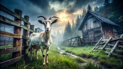 Naklejka premium Goat Standing in a Creepy Barnyard Surrounded by Broken Fences and Overgrown Grass, Evoking a Sense of Eerie Isolation and Rustic Charm in a Foggy Atmosphere