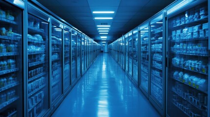 Fototapeta premium Vast Cold Storage Facility Interior with Frozen Foods