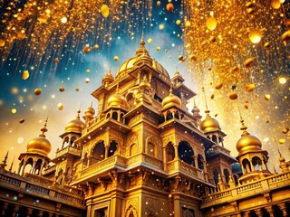 Obraz premium Golden Confetti Rain: Architectural Generative AI Photography