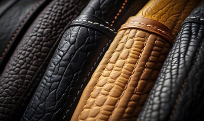 Close-up of various textured leather samples.