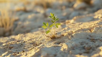 Life's Tenacity: Tiny Green Sprout Emerges from Arid Desert, Symbolizing Resilience Amidst Drought