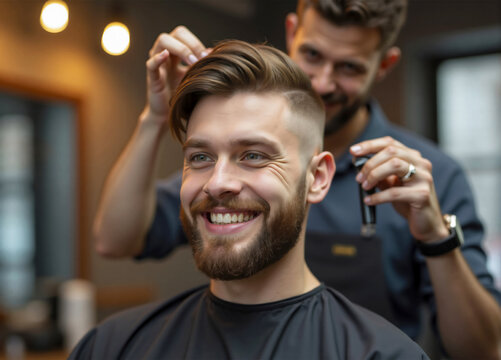 Happy client smiling while getting haircut by barber