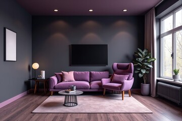 Modern living room with purple furniture and dark walls featuring a large tv screen