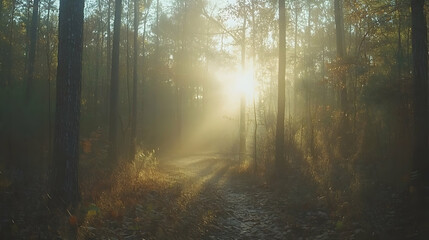 Obraz premium Sun rays pierce through misty forest path.