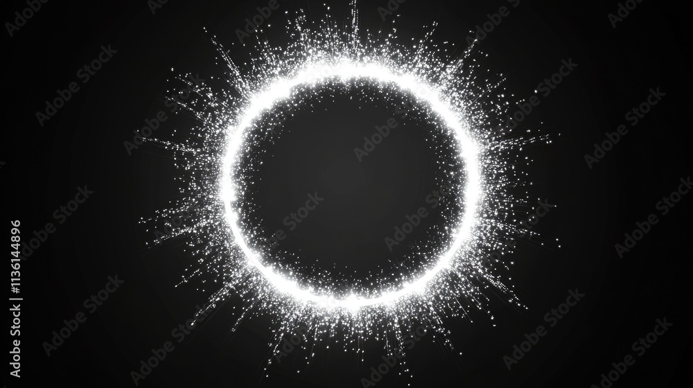 Poster radiant neon circle. illuminated circular glow with dynamic light rays on dark background