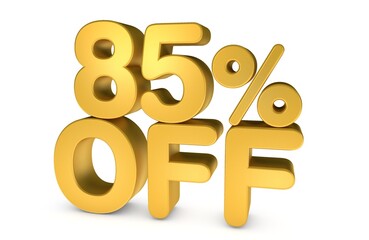 3d illustration 85% off Golden Text on white background in Golden Color. Gold percent isolated