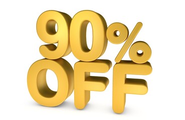 3d illustration 90% off Golden Text on white background in Golden Color. Gold percent isolated