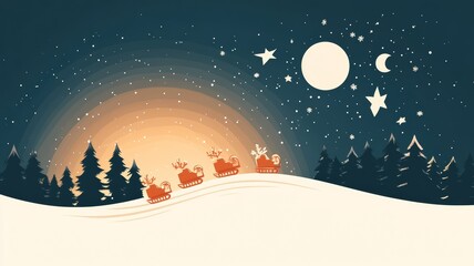 Naklejka premium Christmas Eve Night: Reindeer Sleighs in Winter Wonderland.