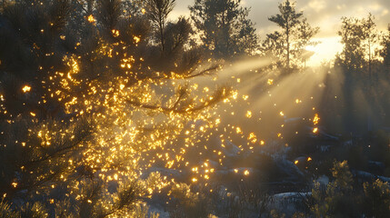 Naklejka premium Sunbeams illuminating snow-covered pine tree branches at sunset.