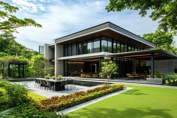 Obraz premium Stunning Modern House Facade Showcasing Luxurious Dining Space and Lush Garden in an Architectural Masterpiece