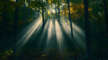 Obraz premium Sunbeams penetrate a misty autumn forest.