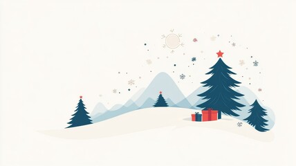 A Peaceful Winter Landscape with Christmas Trees and Gifts.