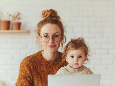 A portrait of a mother and her child together in a cozy, casual home workspace. The setting showcases warm, light tones, a laptop, and a tender moment of attention and care.