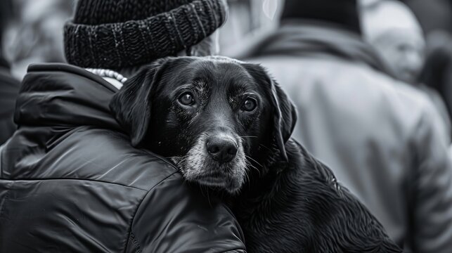 Heartfelt moment  dog embraced by owner, surrounded by supportive friends and comforting touch