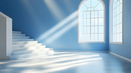 Obraz premium Sunlit blue room with white spiral staircase and arched windows.