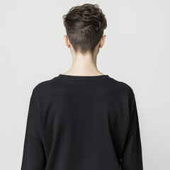 A mockup of a Caucasian woman with short hair showcasing the back of a black sweatshirt. The neutral studio background highlights the minimalist and modern apparel design.