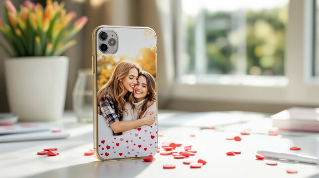 Custom phone case with couple's photo and heart pattern on desk