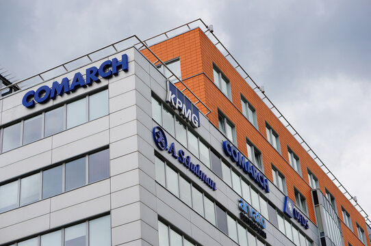 Office building with different company logos