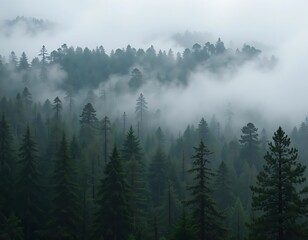 A dense forest with misty layers and tall trees