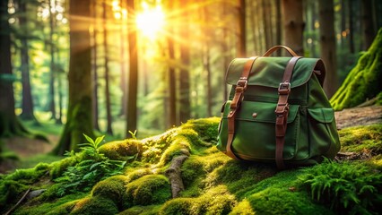 Obraz premium Green Backpack Forest Photography: Leather Straps, Nature, Hiking, Adventure