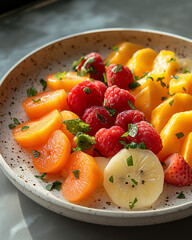 Fresh and vibrant fruit medley with mint garnishing served in a stylish dish. Generative AI