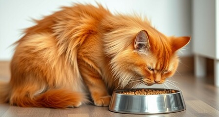 A large, well-groomed and beautiful red Maine Coon cat eats dry cat food from a bowl. Hygiene concept and pet care