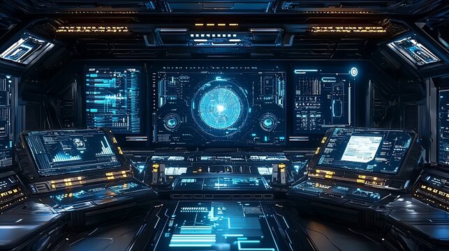 Futuristic spaceship bridge interior with holographic displays and control panels.