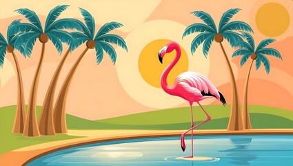 Flamingo at Sunset Near Palm Trees and Water