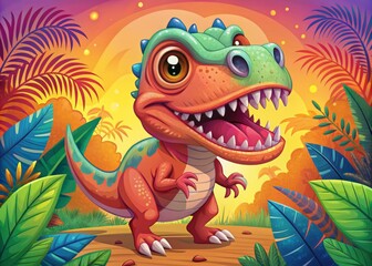Fototapeta premium Cute Yet Fierce: An Adorable Angry Little T-Rex Captured in a Vivid Style, Perfect for Children's Books and Fun
