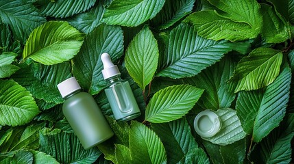 Cosmetic skin care products (body lotion, hair shampoo, face creme, essencial oil, serum) on green leaves as background, top view. Natural eco beauty and organic green skin care concept