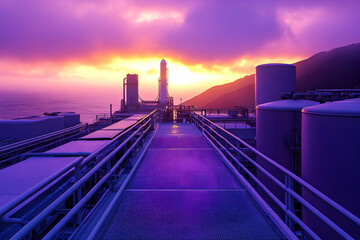 Obraz premium Sunset view of a rocket launchpad with industrial structures.