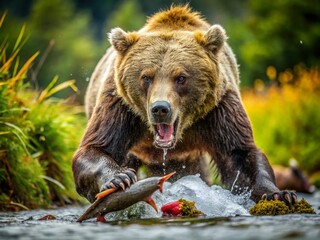 Fototapeta premium Grizzly Bear Attack Drone Footage: Wild Animal Encounter, Nature's Fury, Wildlife Photography, Dangerous Animals