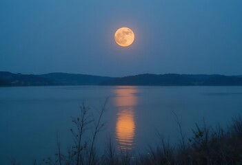 Fototapeta premium A glowing moon reflecting on a calm lake