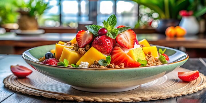 Delight in Bionico: A Refreshing Mexican Fruit Salad with Crunchy Granola in an Artistic Architectural Setting