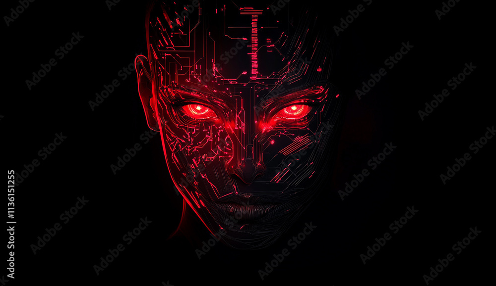 Poster a digital image of an ai face with bright red eyes, complex circuitry patterns and a sleek, futurist