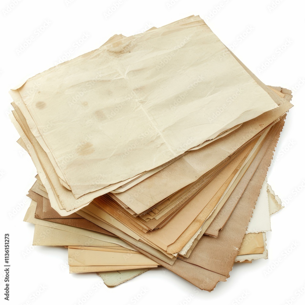 Poster stack of vintage papers with stains and folded marks isolated on white background