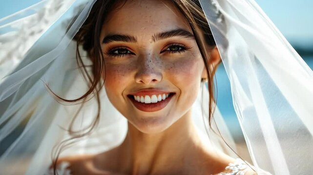 Joyful bride beams with happiness, showcasing her elegant attire and serene natural surroundings