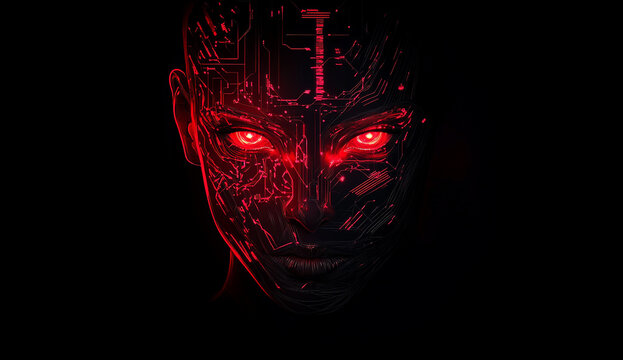 A digital image of an AI face with bright red eyes, complex circuitry patterns and a sleek, futuristic design set against a dark, black background.