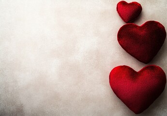 Fototapeta premium Three Red Velvet Hearts on Beige Background Valentines Day