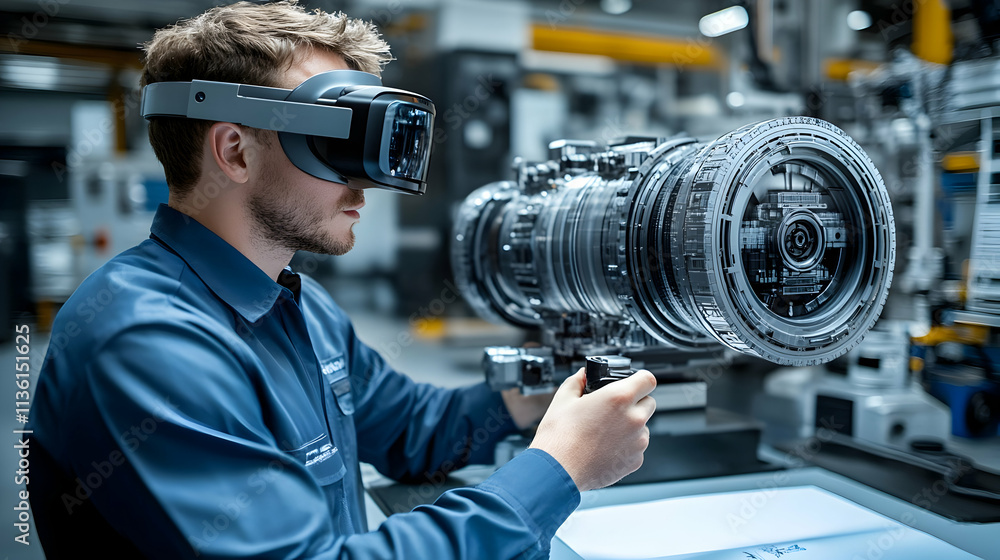 Poster technician using vr headset to inspect a machine part in a factory.