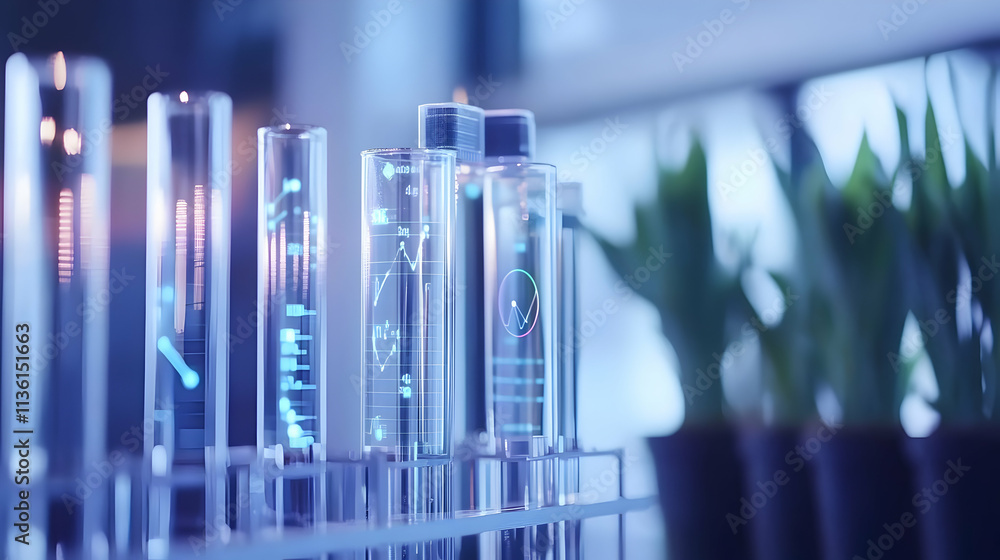Poster test tubes with glowing data charts and graphs in a lab.