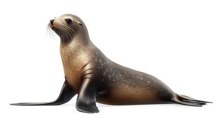Fototapeta premium Australian sea lion, side view, full-body shot, profile on a white background.