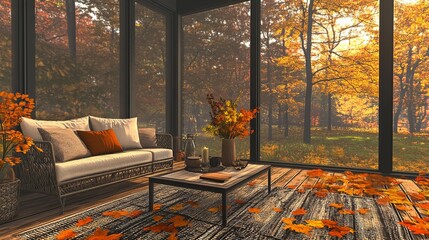Cozy screened porch with contemporary furniture and flower bouquet in a vase, autumn leaves and woods in the background