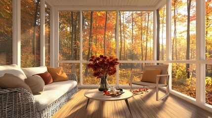 Cozy screened porch with contemporary furniture and flower bouquet in a vase, autumn leaves and woods in the background