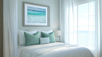 A coastal bedroom with sheer white curtains, seafoam green pillows, and a framed photo of the ocean above the bed